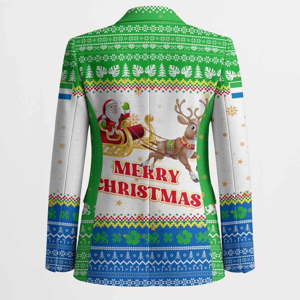 Sierra Leone Christmas Blazer with Festive Green Pattern, Golden Lion Emblem, and Santa Sleigh Motif - Wonder Print Shop