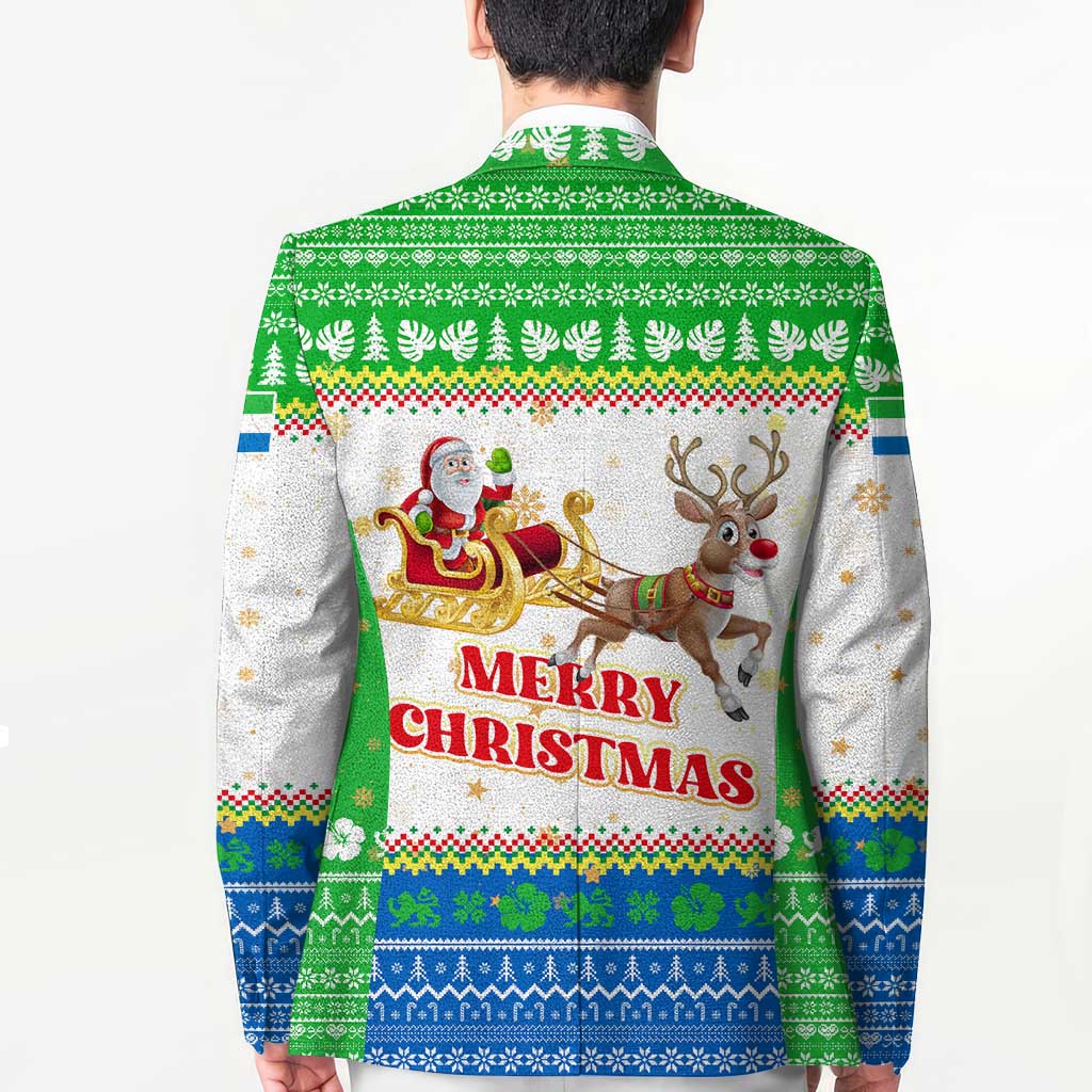 Sierra Leone Christmas Blazer with Festive Green Pattern, Golden Lion Emblem, and Santa Sleigh Motif - Wonder Print Shop