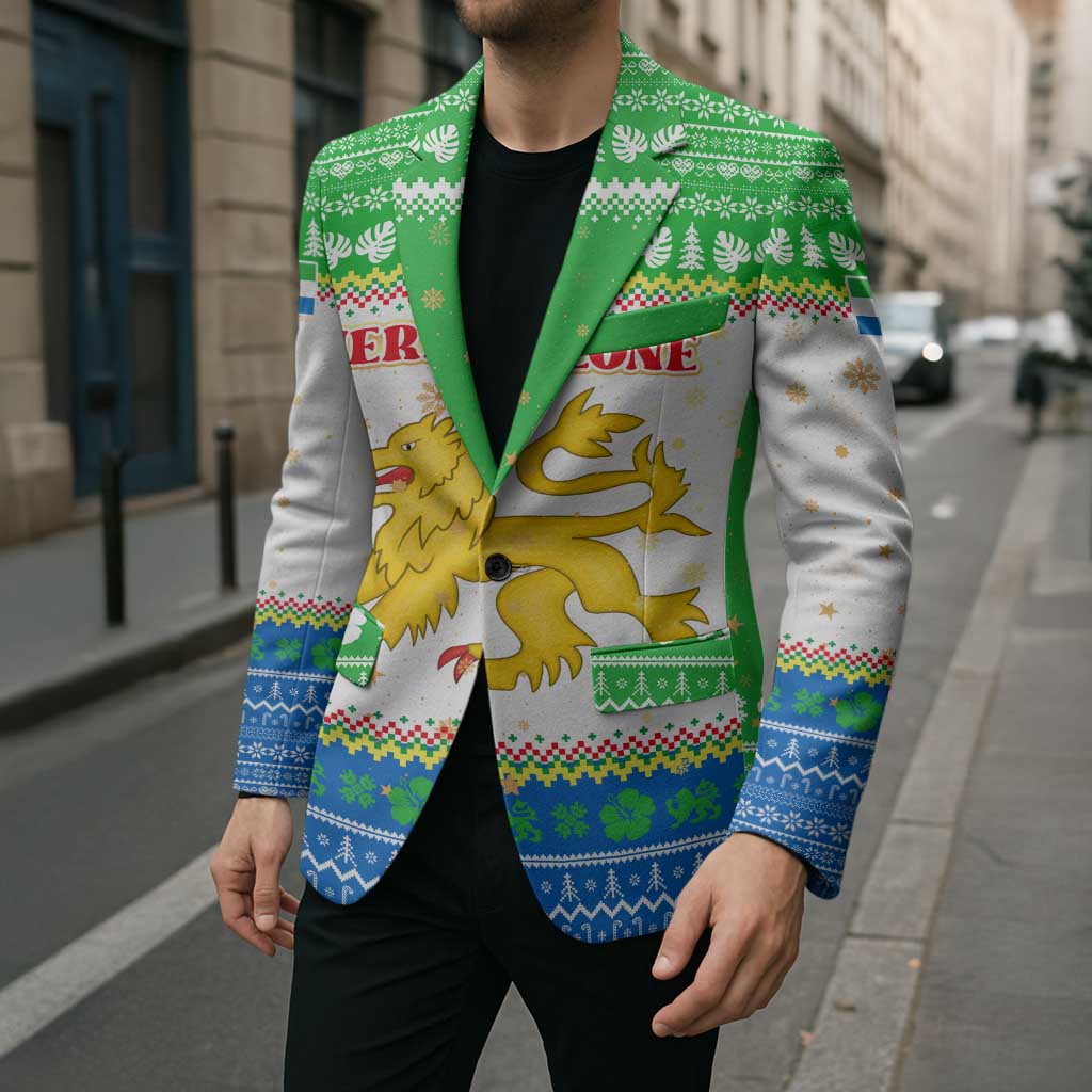 Sierra Leone Christmas Blazer with Festive Green Pattern, Golden Lion Emblem, and Santa Sleigh Motif - Wonder Print Shop