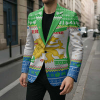 Sierra Leone Christmas Blazer with Festive Green Pattern, Golden Lion Emblem, and Santa Sleigh Motif - Wonder Print Shop