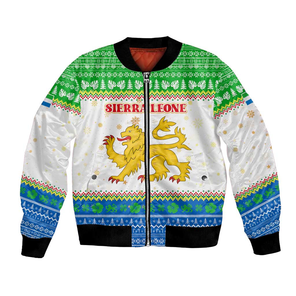 Sierra Leone Christmas Bomber Jacket with Festive Green Pattern, Golden Lion Emblem, and Santa Sleigh Motif - Wonder Print Shop
