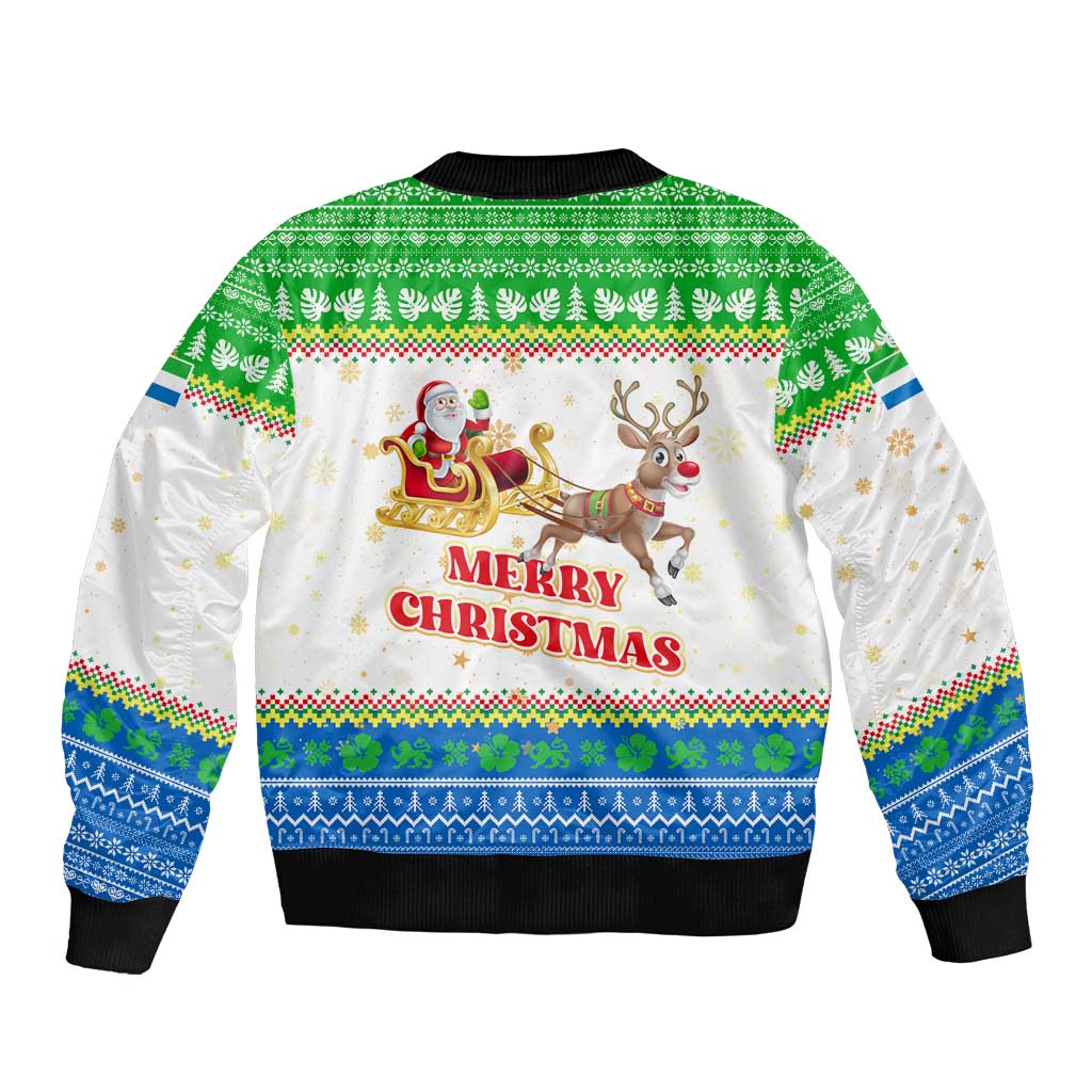 Sierra Leone Christmas Bomber Jacket with Festive Green Pattern, Golden Lion Emblem, and Santa Sleigh Motif - Wonder Print Shop