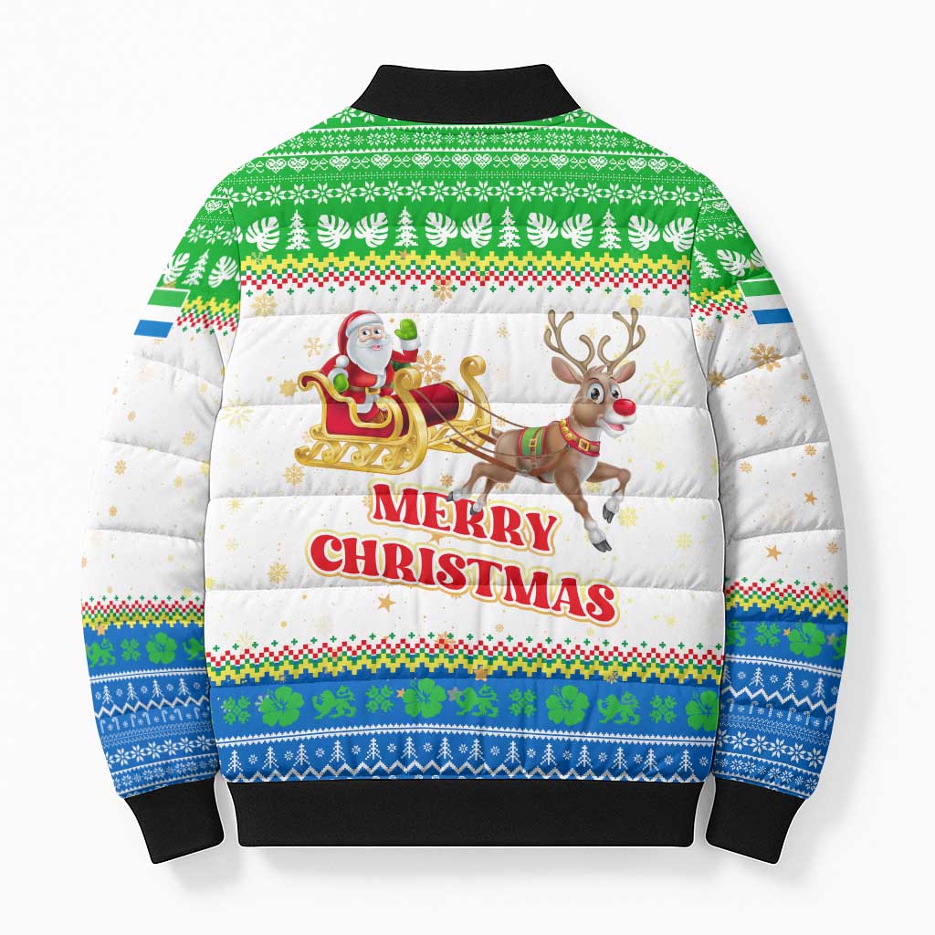 Sierra Leone Christmas Bomber Puffer Jacket with Festive Green Pattern, Golden Lion Emblem, and Santa Sleigh Motif - Wonder Print Shop
