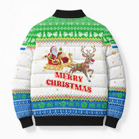 Sierra Leone Christmas Bomber Puffer Jacket with Festive Green Pattern, Golden Lion Emblem, and Santa Sleigh Motif - Wonder Print Shop