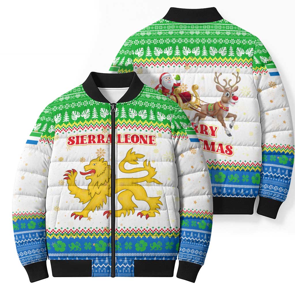 Sierra Leone Christmas Bomber Puffer Jacket with Festive Green Pattern, Golden Lion Emblem, and Santa Sleigh Motif - Wonder Print Shop