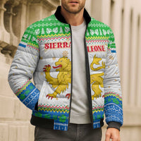 Sierra Leone Christmas Bomber Puffer Jacket with Festive Green Pattern, Golden Lion Emblem, and Santa Sleigh Motif - Wonder Print Shop