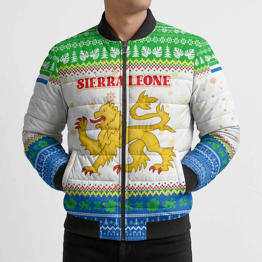 Sierra Leone Christmas Bomber Puffer Jacket with Festive Green Pattern, Golden Lion Emblem, and Santa Sleigh Motif - Wonder Print Shop