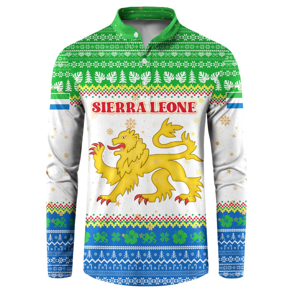 Sierra Leone Christmas Button Sweatshirt with Festive Green Pattern, Golden Lion Emblem, and Santa Sleigh Motif - Wonder Print Shop