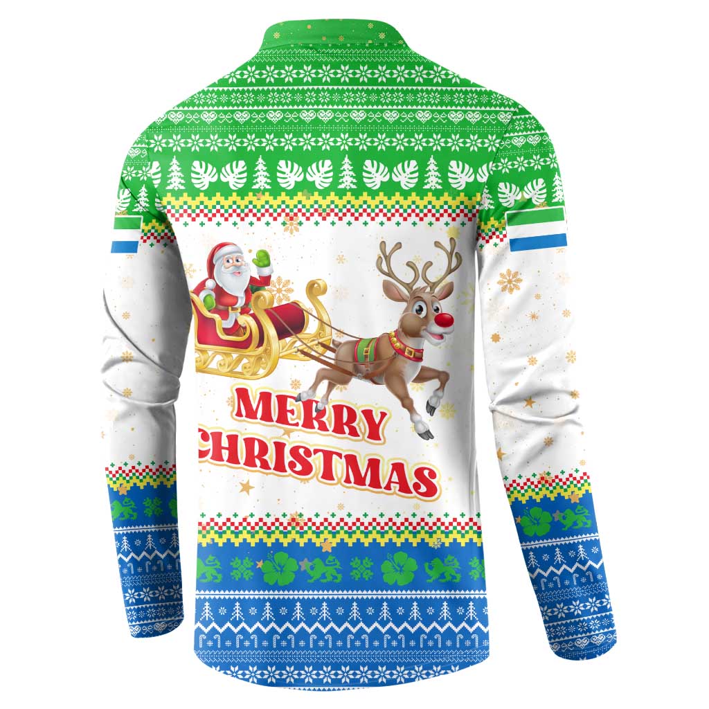 Sierra Leone Christmas Button Sweatshirt with Festive Green Pattern, Golden Lion Emblem, and Santa Sleigh Motif - Wonder Print Shop