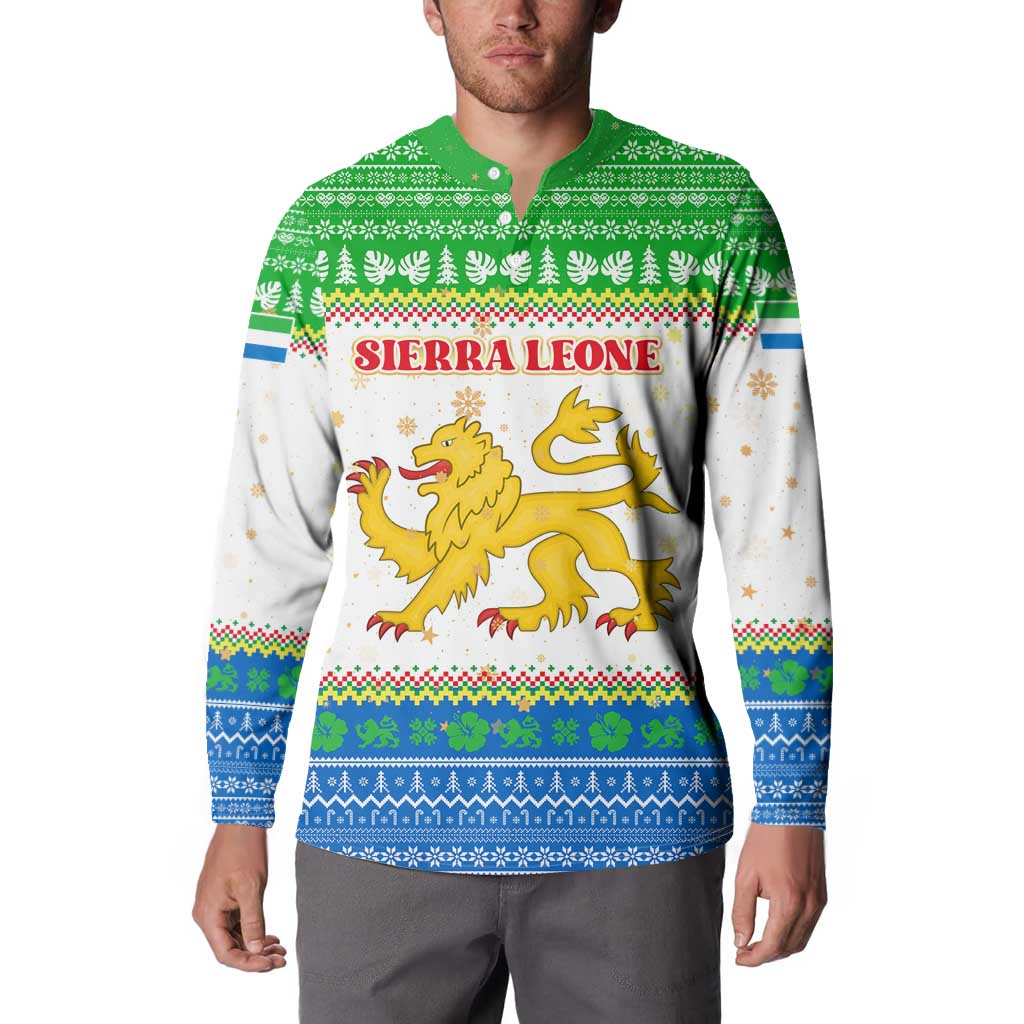 Sierra Leone Christmas Button Sweatshirt with Festive Green Pattern, Golden Lion Emblem, and Santa Sleigh Motif - Wonder Print Shop