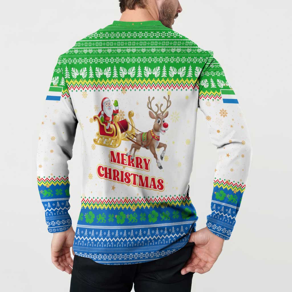 Sierra Leone Christmas Button Sweatshirt with Festive Green Pattern, Golden Lion Emblem, and Santa Sleigh Motif - Wonder Print Shop