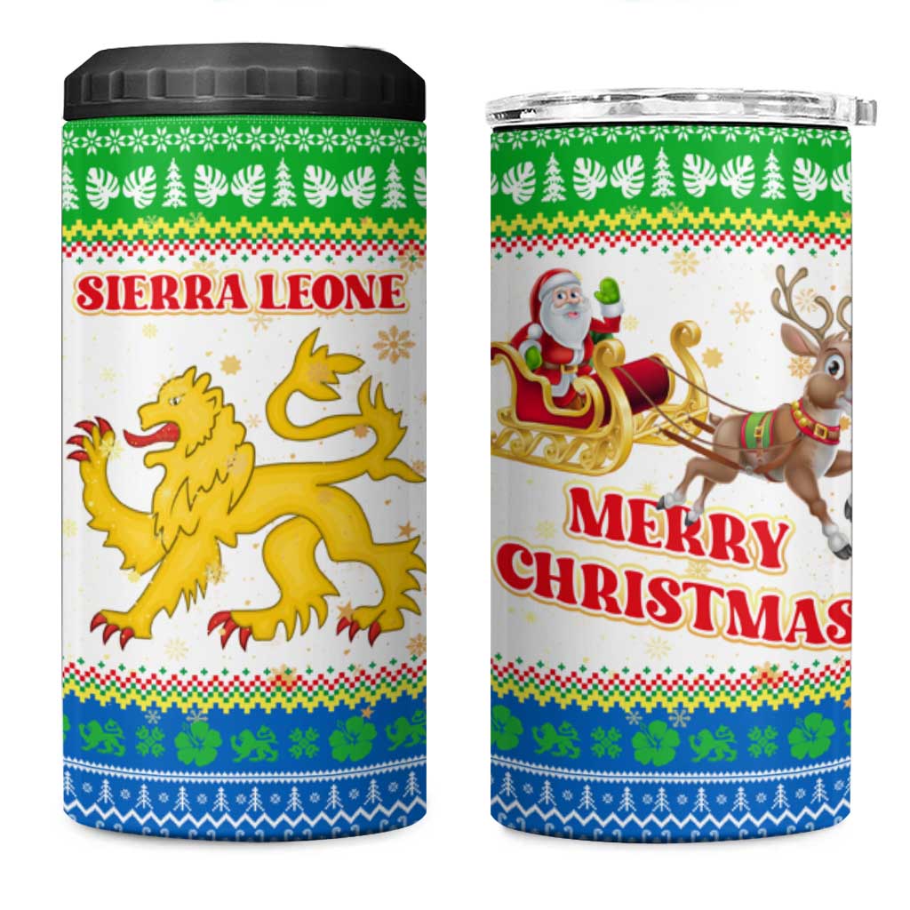 Sierra Leone Christmas 4 in 1 Can Cooler Tumbler with Festive Green Pattern, Golden Lion Emblem, and Santa Sleigh Motif - Wonder Print Shop