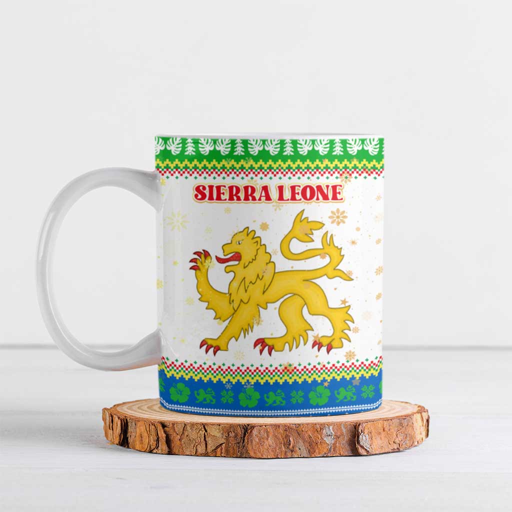 Sierra Leone Christmas Ceramic Mug with Festive Green Pattern, Golden Lion Emblem, and Santa Sleigh Motif - Wonder Print Shop