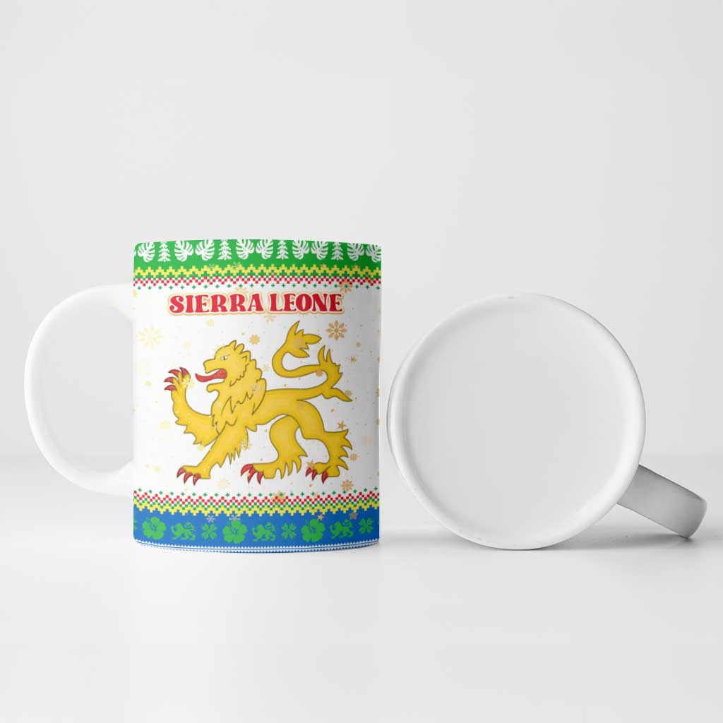 Sierra Leone Christmas Ceramic Mug with Festive Green Pattern, Golden Lion Emblem, and Santa Sleigh Motif - Wonder Print Shop