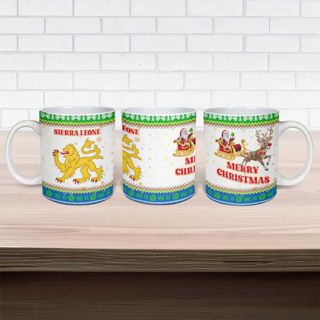 Sierra Leone Christmas Ceramic Mug with Festive Green Pattern, Golden Lion Emblem, and Santa Sleigh Motif - Wonder Print Shop