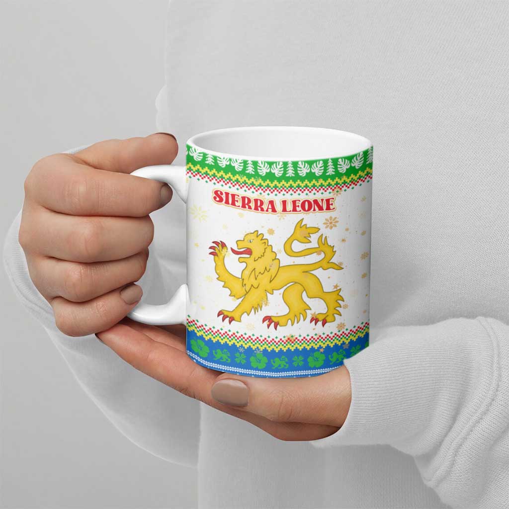 Sierra Leone Christmas Ceramic Mug with Festive Green Pattern, Golden Lion Emblem, and Santa Sleigh Motif - Wonder Print Shop