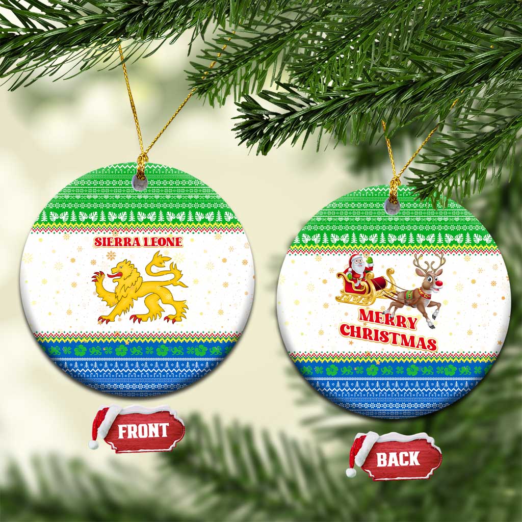 Sierra Leone Christmas Ceramic Ornament with Festive Green Pattern, Golden Lion Emblem, and Santa Sleigh Motif - Wonder Print Shop