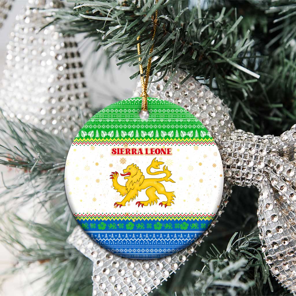 Sierra Leone Christmas Ceramic Ornament with Festive Green Pattern, Golden Lion Emblem, and Santa Sleigh Motif - Wonder Print Shop