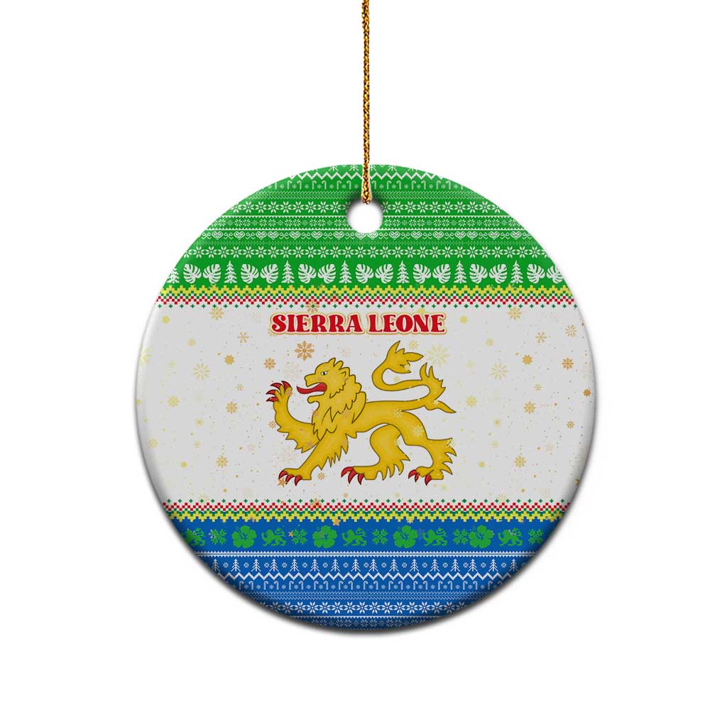 Sierra Leone Christmas Ceramic Ornament with Festive Green Pattern, Golden Lion Emblem, and Santa Sleigh Motif - Wonder Print Shop