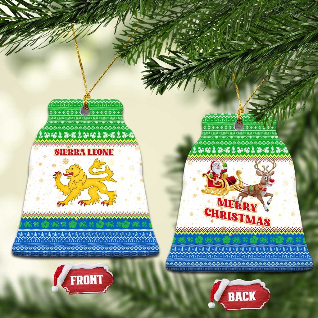 Sierra Leone Christmas Ceramic Ornament with Festive Green Pattern, Golden Lion Emblem, and Santa Sleigh Motif - Wonder Print Shop