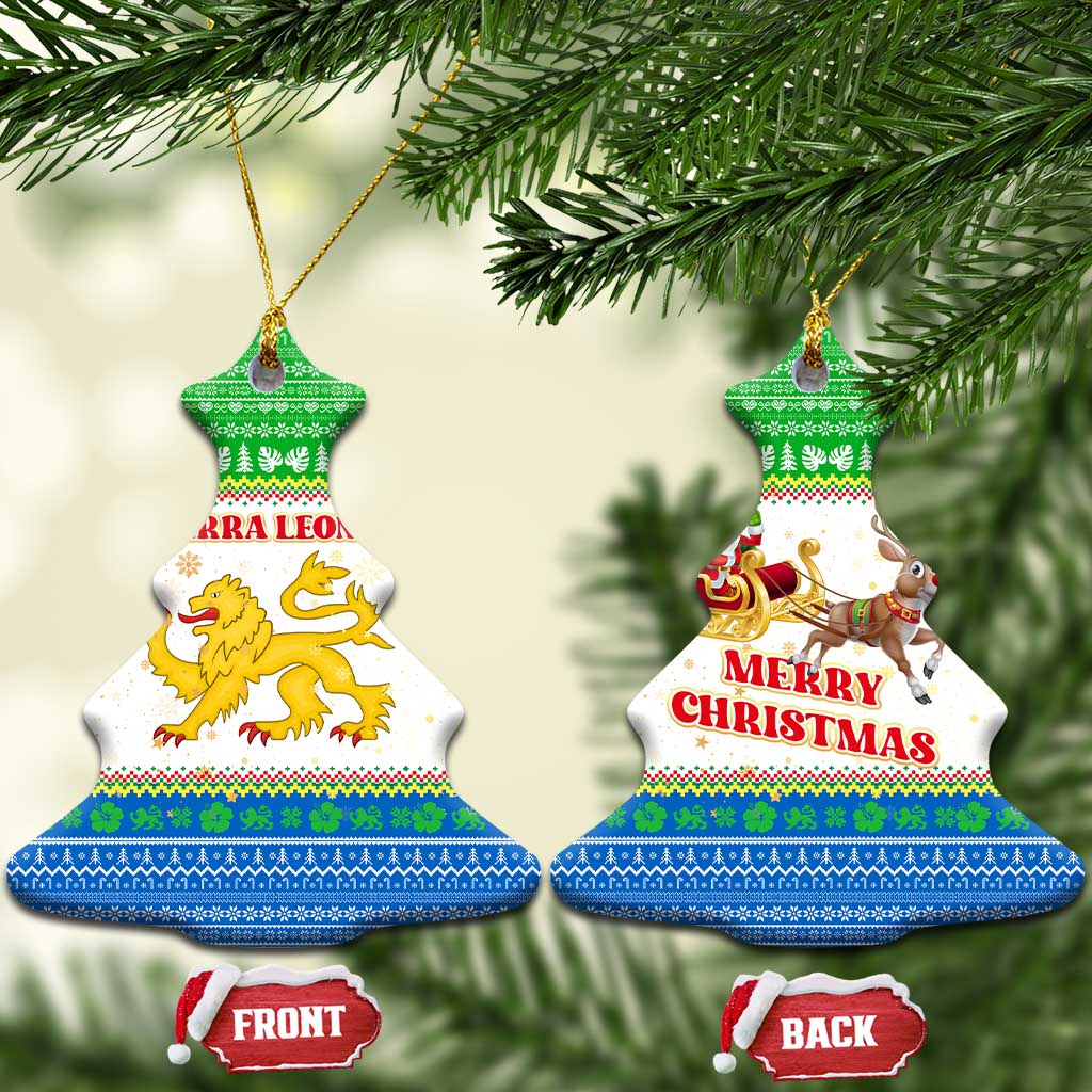 Sierra Leone Christmas Ceramic Ornament with Festive Green Pattern, Golden Lion Emblem, and Santa Sleigh Motif - Wonder Print Shop