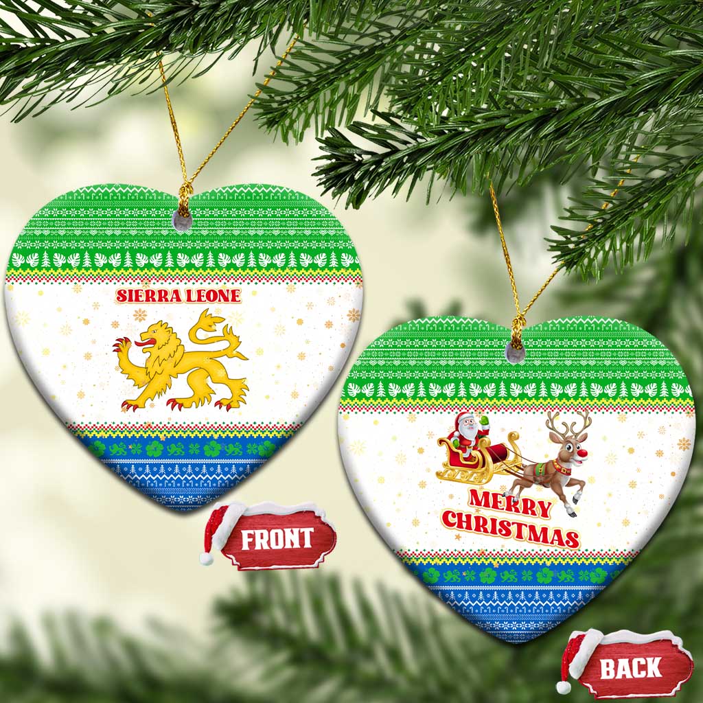 Sierra Leone Christmas Ceramic Ornament with Festive Green Pattern, Golden Lion Emblem, and Santa Sleigh Motif - Wonder Print Shop