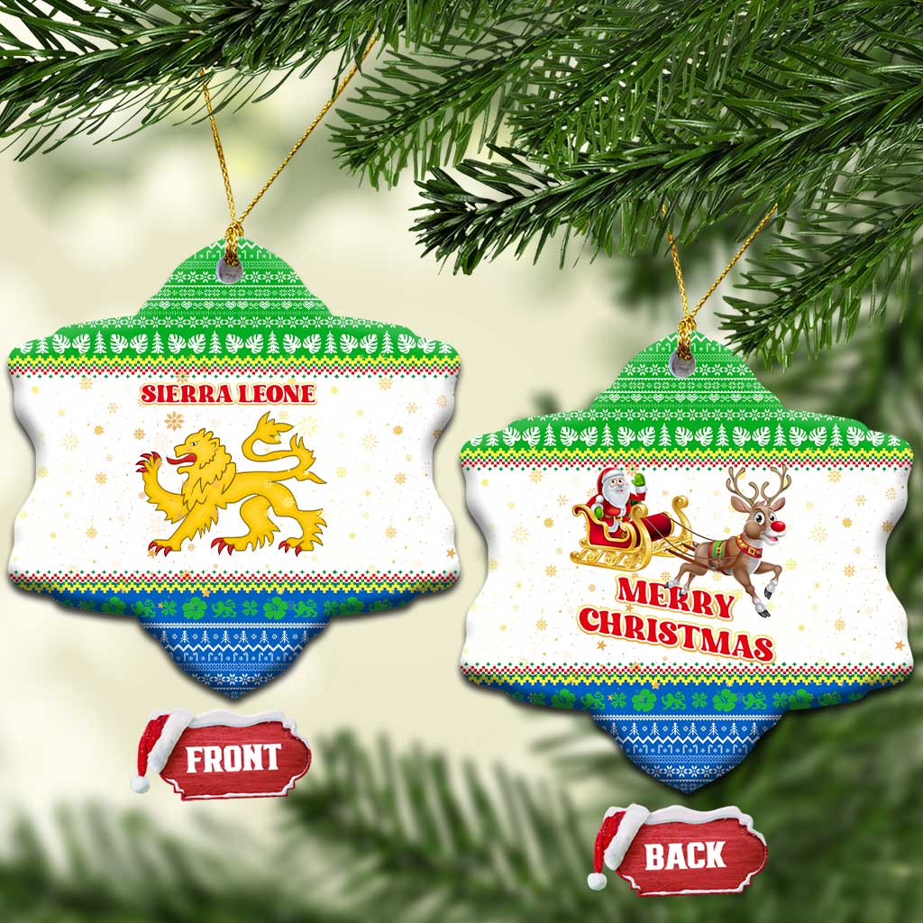 Sierra Leone Christmas Ceramic Ornament with Festive Green Pattern, Golden Lion Emblem, and Santa Sleigh Motif - Wonder Print Shop