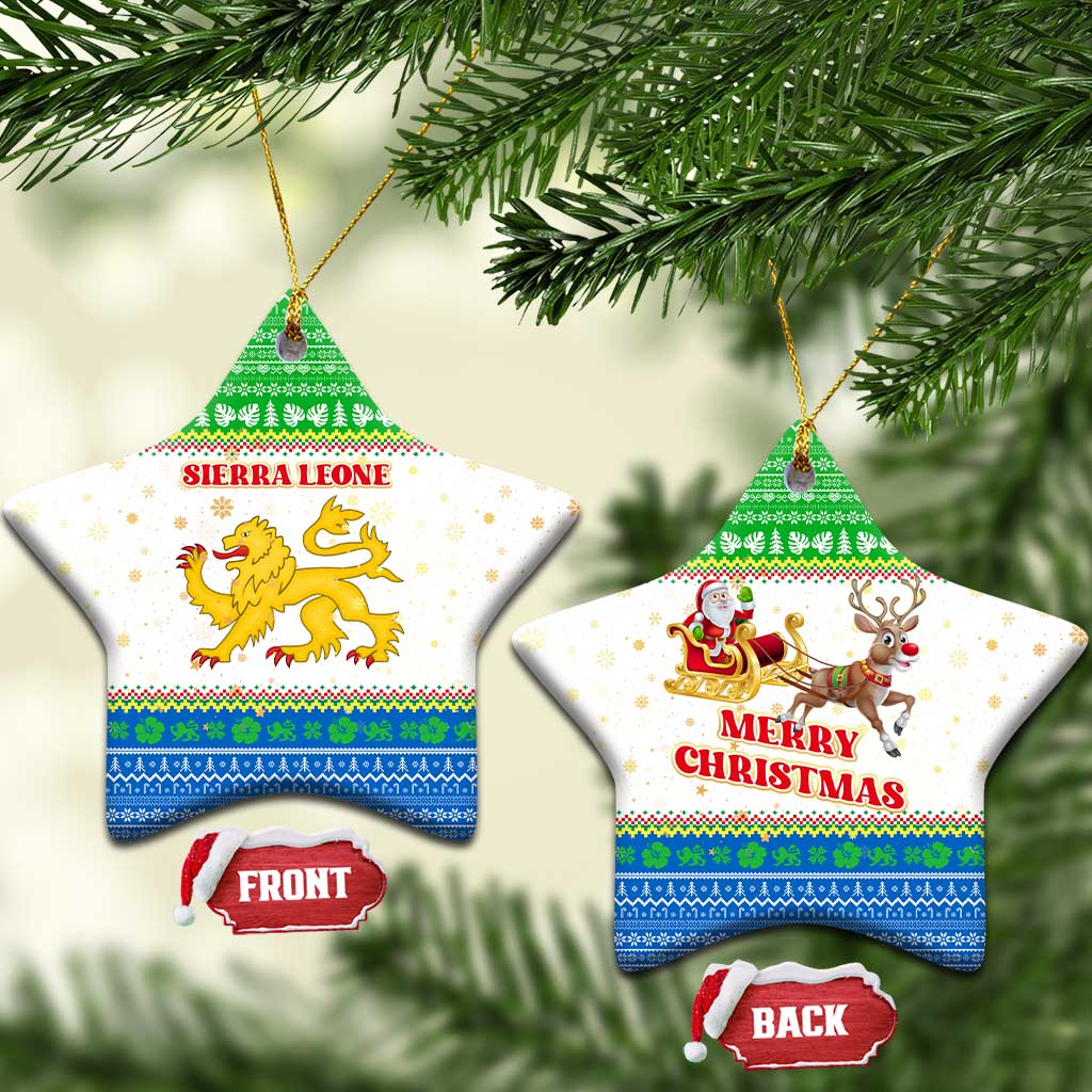 Sierra Leone Christmas Ceramic Ornament with Festive Green Pattern, Golden Lion Emblem, and Santa Sleigh Motif - Wonder Print Shop