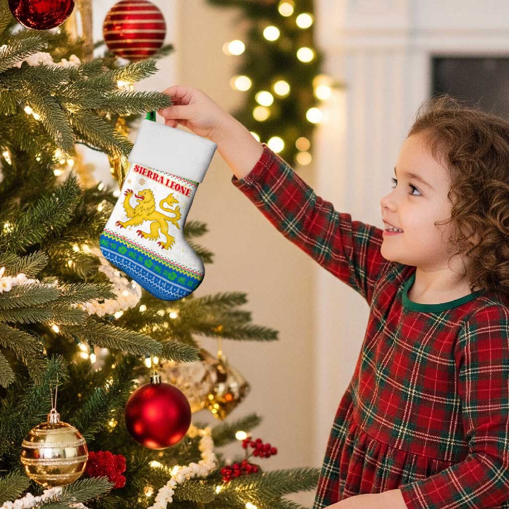 Sierra Leone Christmas Stocking with Festive Green Pattern, Golden Lion Emblem, and Santa Sleigh Motif - Wonder Print Shop