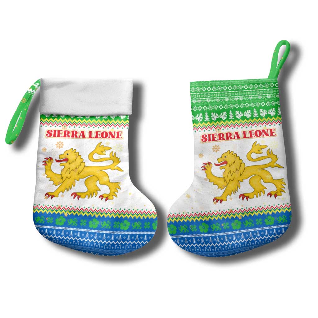 Sierra Leone Christmas Stocking with Festive Green Pattern, Golden Lion Emblem, and Santa Sleigh Motif - Wonder Print Shop