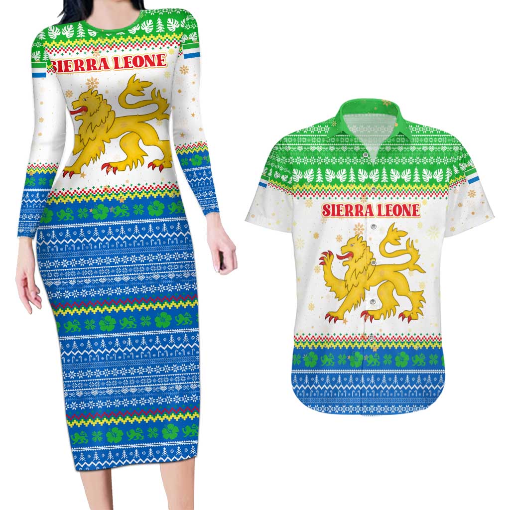 Sierra Leone Christmas Couples Matching Long Sleeve Bodycon Dress and Hawaiian Shirt with Festive Green Pattern, Golden Lion Emblem, and Santa Sleigh Motif - Wonder Print Shop