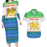Sierra Leone Christmas Couples Matching Long Sleeve Bodycon Dress and Hawaiian Shirt with Festive Green Pattern, Golden Lion Emblem, and Santa Sleigh Motif - Wonder Print Shop