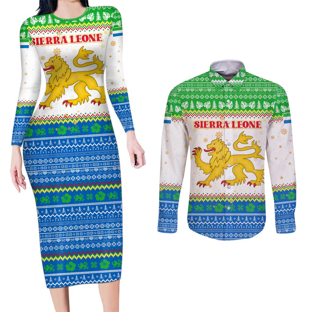 Sierra Leone Christmas Couples Matching Long Sleeve Bodycon Dress and Long Sleeve Button Shirt with Festive Green Pattern, Golden Lion Emblem, and Santa Sleigh Motif - Wonder Print Shop