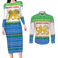 Sierra Leone Christmas Couples Matching Long Sleeve Bodycon Dress and Long Sleeve Button Shirt with Festive Green Pattern, Golden Lion Emblem, and Santa Sleigh Motif - Wonder Print Shop