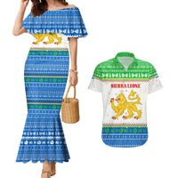 Sierra Leone Christmas Couples Matching Mermaid Dress and Hawaiian Shirt with Festive Green Pattern, Golden Lion Emblem, and Santa Sleigh Motif - Wonder Print Shop