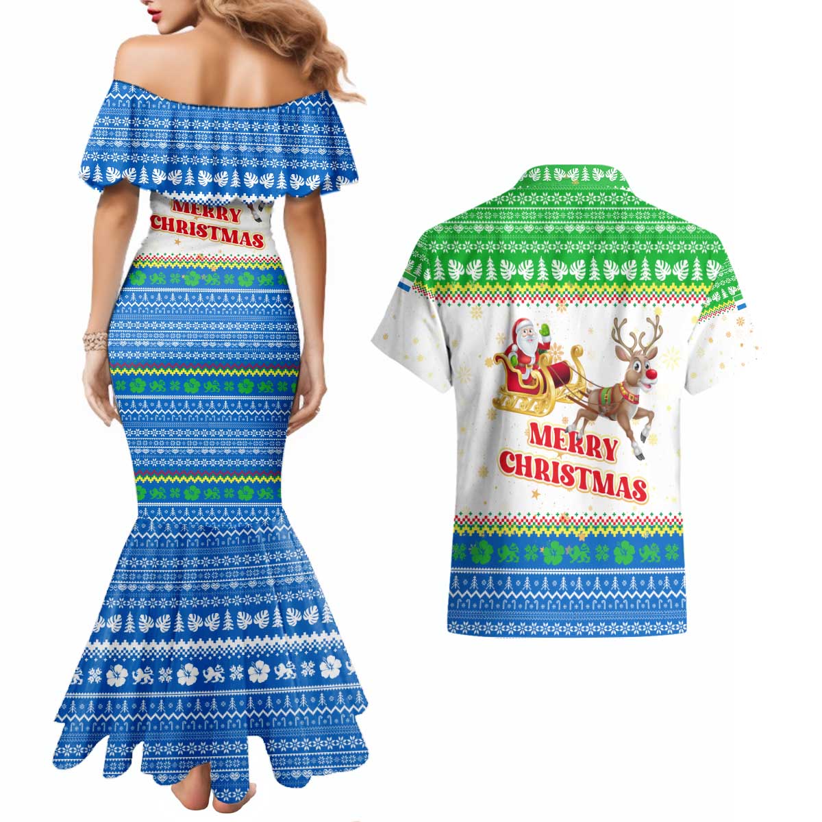 Sierra Leone Christmas Couples Matching Mermaid Dress and Hawaiian Shirt with Festive Green Pattern, Golden Lion Emblem, and Santa Sleigh Motif - Wonder Print Shop