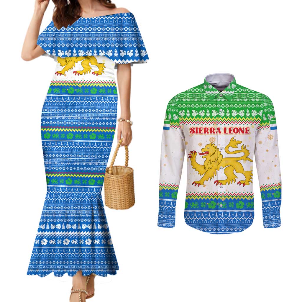 Sierra Leone Christmas Couples Matching Mermaid Dress and Long Sleeve Button Shirt with Festive Green Pattern, Golden Lion Emblem, and Santa Sleigh Motif - Wonder Print Shop