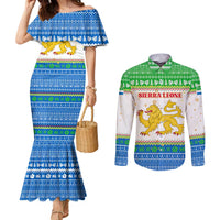 Sierra Leone Christmas Couples Matching Mermaid Dress and Long Sleeve Button Shirt with Festive Green Pattern, Golden Lion Emblem, and Santa Sleigh Motif - Wonder Print Shop