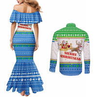 Sierra Leone Christmas Couples Matching Mermaid Dress and Long Sleeve Button Shirt with Festive Green Pattern, Golden Lion Emblem, and Santa Sleigh Motif - Wonder Print Shop