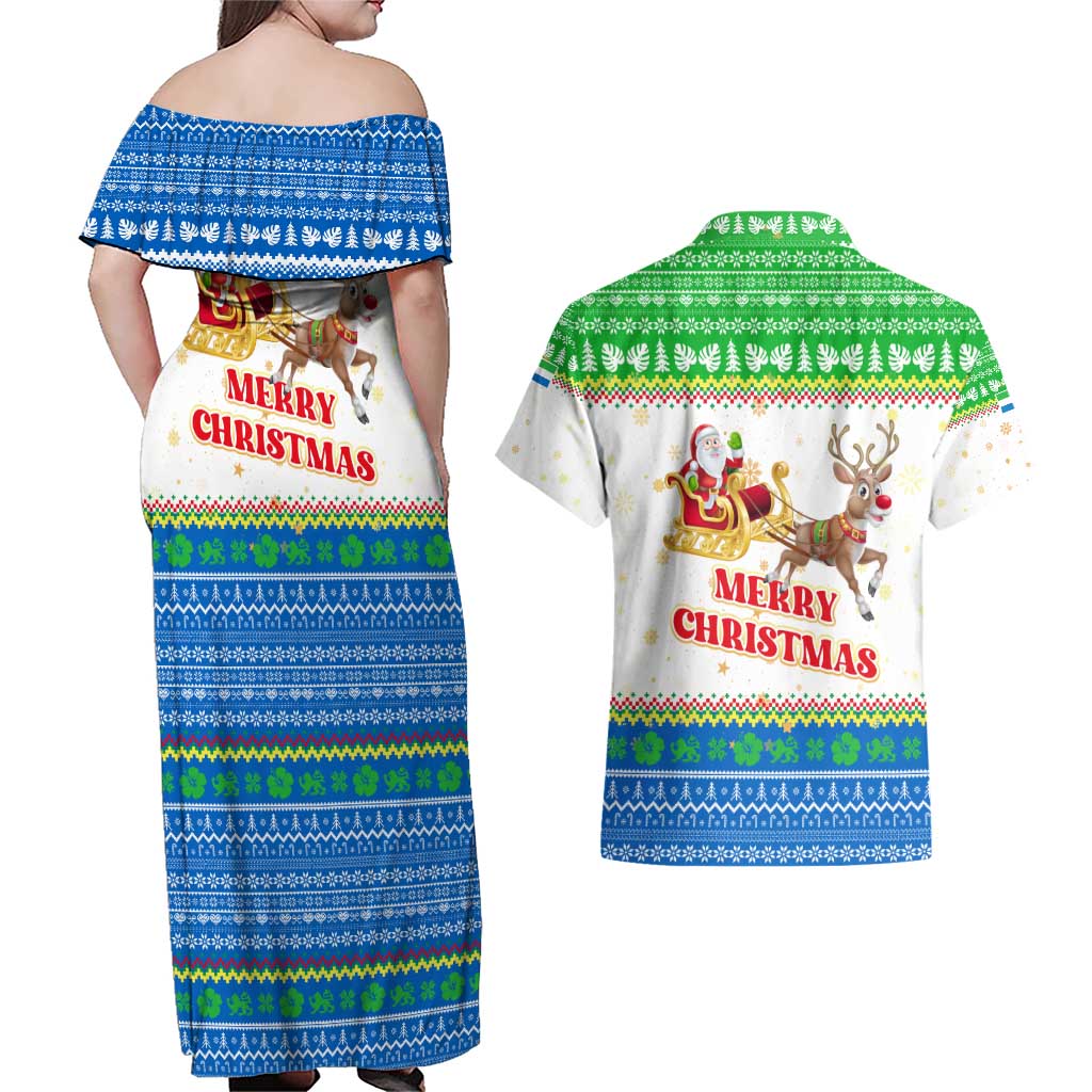 Sierra Leone Christmas Couples Matching Off Shoulder Maxi Dress and Hawaiian Shirt with Festive Green Pattern, Golden Lion Emblem, and Santa Sleigh Motif - Wonder Print Shop