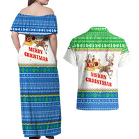 Sierra Leone Christmas Couples Matching Off Shoulder Maxi Dress and Hawaiian Shirt with Festive Green Pattern, Golden Lion Emblem, and Santa Sleigh Motif - Wonder Print Shop