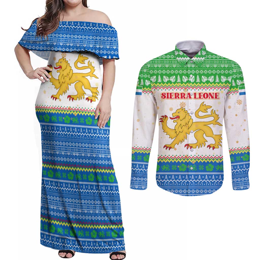 Sierra Leone Christmas Couples Matching Off Shoulder Maxi Dress and Long Sleeve Button Shirt with Festive Green Pattern, Golden Lion Emblem, and Santa Sleigh Motif - Wonder Print Shop