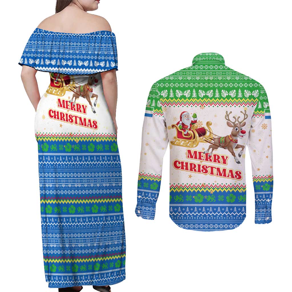 Sierra Leone Christmas Couples Matching Off Shoulder Maxi Dress and Long Sleeve Button Shirt with Festive Green Pattern, Golden Lion Emblem, and Santa Sleigh Motif - Wonder Print Shop