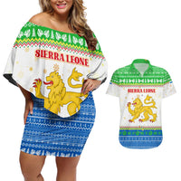 Sierra Leone Christmas Couples Matching Off Shoulder Short Dress and Hawaiian Shirt with Festive Green Pattern, Golden Lion Emblem, and Santa Sleigh Motif - Wonder Print Shop