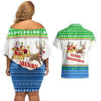 Sierra Leone Christmas Couples Matching Off Shoulder Short Dress and Hawaiian Shirt with Festive Green Pattern, Golden Lion Emblem, and Santa Sleigh Motif - Wonder Print Shop
