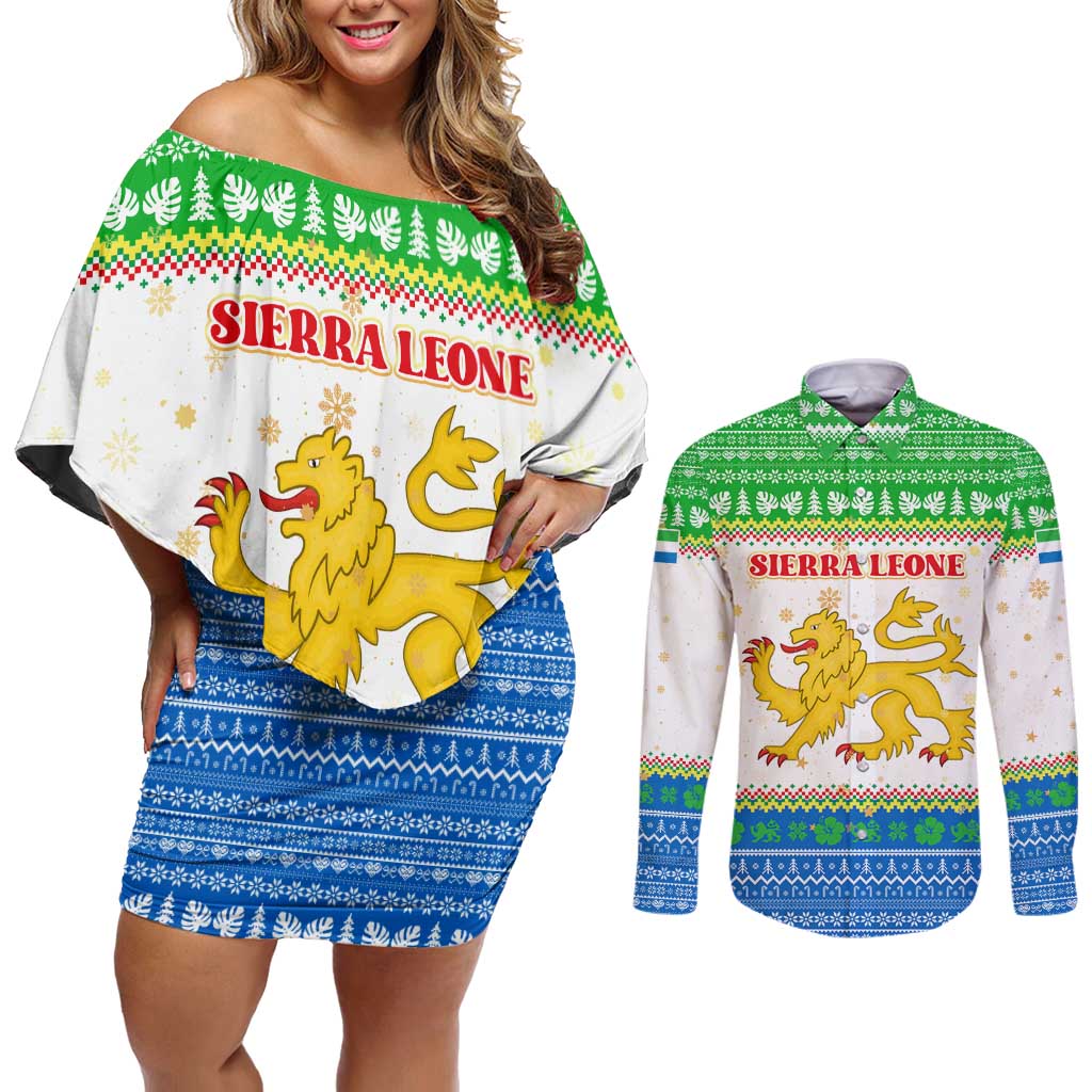 Sierra Leone Christmas Couples Matching Off Shoulder Short Dress and Long Sleeve Button Shirt with Festive Green Pattern, Golden Lion Emblem, and Santa Sleigh Motif - Wonder Print Shop