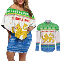 Sierra Leone Christmas Couples Matching Off Shoulder Short Dress and Long Sleeve Button Shirt with Festive Green Pattern, Golden Lion Emblem, and Santa Sleigh Motif - Wonder Print Shop