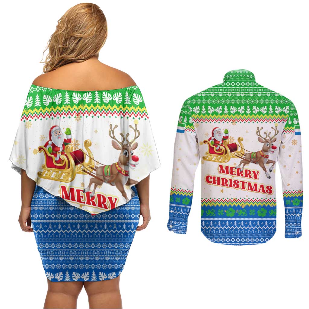 Sierra Leone Christmas Couples Matching Off Shoulder Short Dress and Long Sleeve Button Shirt with Festive Green Pattern, Golden Lion Emblem, and Santa Sleigh Motif - Wonder Print Shop