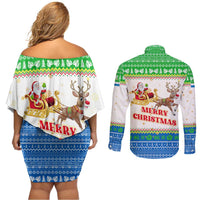 Sierra Leone Christmas Couples Matching Off Shoulder Short Dress and Long Sleeve Button Shirt with Festive Green Pattern, Golden Lion Emblem, and Santa Sleigh Motif - Wonder Print Shop