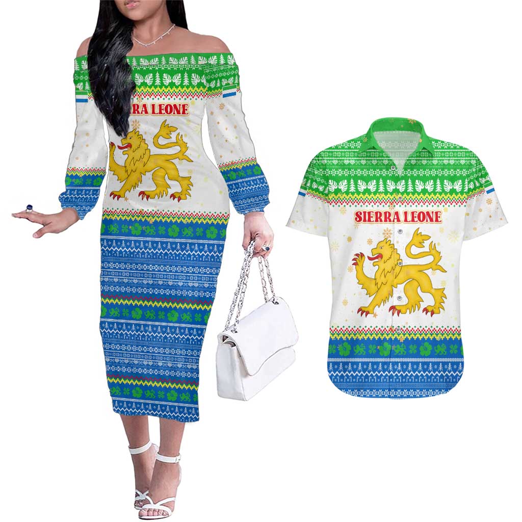 Sierra Leone Christmas Couples Matching Off The Shoulder Long Sleeve Dress and Hawaiian Shirt with Festive Green Pattern, Golden Lion Emblem, and Santa Sleigh Motif - Wonder Print Shop